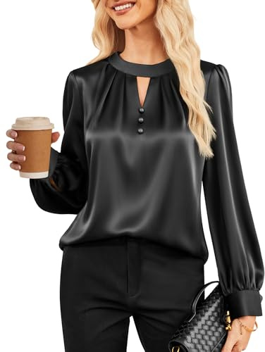 GRACE KARIN Women's Long Sleeve Satin Blouses Stand Collar Loose Fit Party Business Blouses Black L