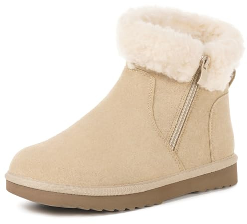 Hsyooes Bottes de Neige pour Femmes Botte de Hiver Imperméabl Chaussures Peluche Fourrés Bottines Suède Cuir Antidérapant 38EU Abricot