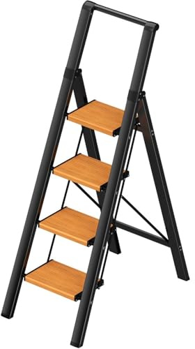 CREVICOSTA QUALITY MARK MARCAS DE CALIDAD - Escalera Maya - Escalera domestica de Aluminio y Hierro. 4 peldaños (Negro-Madera)