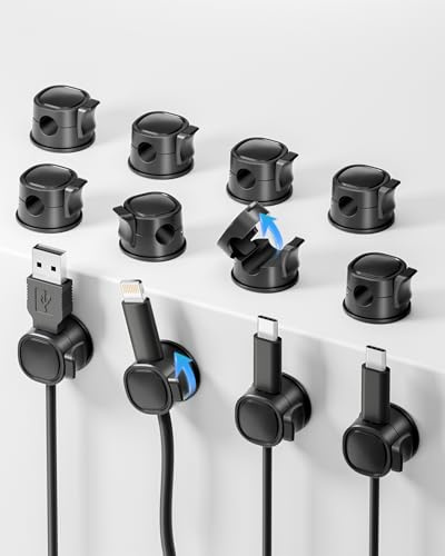 12 Pack 360° Rotatable Spring Cable Tidy Clips - No-Residue Cable Holder, Cord Organiser, Desk Tidy Wire Keeper for USB, HDMI, Wall, PC, Car, Office, Home, Nightstand, Kitchen, Black (7.5mm)