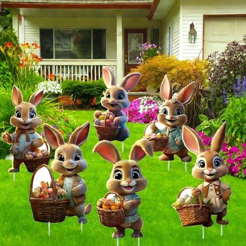 TJYAEKLTD Osterhasen Gartenstecker, Ostern Hof Schild Dekora für Gartendeko, 2D Ostern Werbeschilder, groß Osterdeko Outdoor, Ostereiersuche, frühlingsdeko draußen(35x22 cm, 6Pcs)
