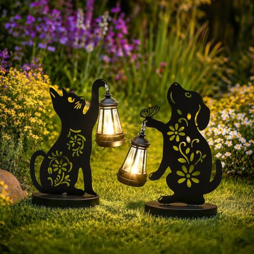 GIGALUMI Iron Dog Cat Statue Garden Ornaments Outdoor with Solar Powered Lights,Unique Gifts for Mom,Women,Waterproof Garden Statue Decorations for Patio, Yard(2 Pack)