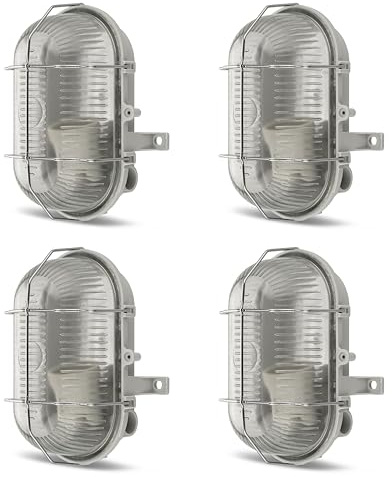 REV Kellerlampe SPARSET - 4x Feuchtraumleuchte LED oval (max. 60W, IP44), E27-Fassung, einsetzbar als Decken- oder Wandlampe, grau