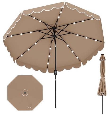 KOMFOTTEU Ombrellone da Giardino Ø 300 cm con 24 Luci a LED, Apertura a Manovella, Inclinazione Regolabile a 35°, Ombrellone da Esterno per Terrazza, Spiaggia, Balcone, Anti UV, Senza Base