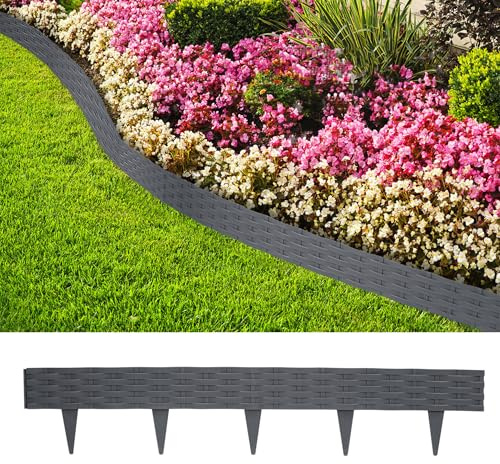 TATIVALO Rasenkante Kunststoff 20m Rattan-Optik Anthrazit 20 Stück Garten | Beetbegrenzung Beetumrandung Palisade, Randsteine, Fencepane,Gartenpalisade, Beetzaun,Wetterfest & UV-beständig