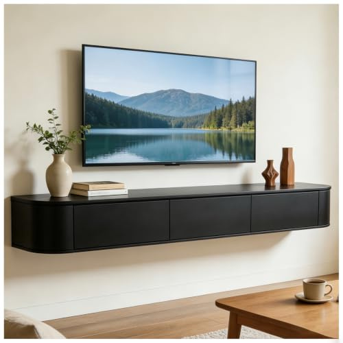 JUNFUNNLE TV Schrank 180cm Schwarz, Moderner TV Board Hängend, TV Lowboard mit 2 Schubladen 1 Klappen Türen, Moderner Fernsehtisch mit Kabelmanagement, TV Tisch für Wohnzimmer und Esszimmer
