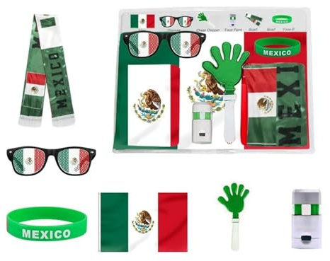 2026 World Cup Mexico 6-in-1 Fan Cheer Kit Includes Flag Sunglasses Hand Clapper Face Paint Scarf Wristband - Game Day Cheering Prop Commemorative Gift