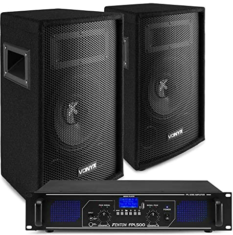 Pack de Sonido Completo con Bluetooth - Sistema de Sonido Completo con 2 Altavoces de 8 Pulgadas (Vonyx SL8) + Amplificador con Bluetooth y Reproductor MP3USB/SD (Fenton FPL500) y cableado Incluido