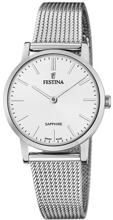 Festina Swiss Made Damenuhr Analog aus Edelstahl 316l Silberfarben | Quarzwerk, Widerstandsfähiges Saphirglas, Wasserdicht 5 ATM F20015/1, Classic Steel