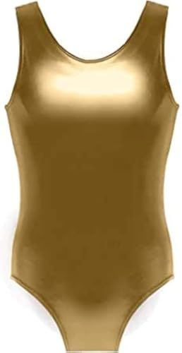 R&N FASHIONS Girls Childrens Kids School Sport Dance Gymnastics Ballet Sleeveless Leotard Metallic Wet Look Shinny Party Disco or Dance Costume (Gold, 7-8 Years)