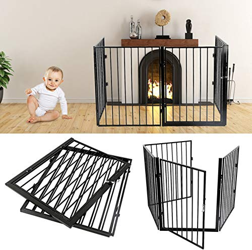 YIZHE Baby Kaminschutzgitter klappbar, Laufgitter mit Sicherheitstür, Ofenschutzgitter inkl. Wandhalterung, Konfigurationsgitter aus Metall, Absperrgitter(Schwarz, 4 Elemente)