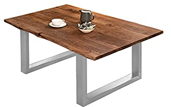 SAM Couchtisch Billy 140x75 cm Akazie nussbaum U-Gestell Silber | Baumkantentisch massiv, Akazienholz nussbaumfarben, echte Baumkante, massiver Sofatisch, Metallgestell