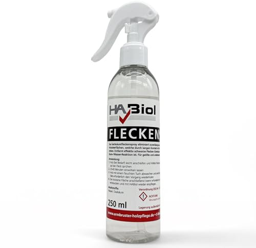 Gerbsäureflecken Spray Holz 250 ml HABiol Premium Holz Fleckenentferner, Oxalsäure Fleckentferner Spray Gerbsäure schwarze Holzflecken Holzentgrauer, für unbehandelte geölte Holzoberflächen & Parkett