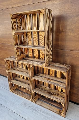 PYXIDAS Cassette in Legno Naturale o Effetto Bruciato, Lungo o Corto, 50x40x15 cm – Set Portafrutta Decorativo e Contenitore – Robuste, Pulite,Cucina o Arredo Rustico (Effetto Bruciato corto, 3)