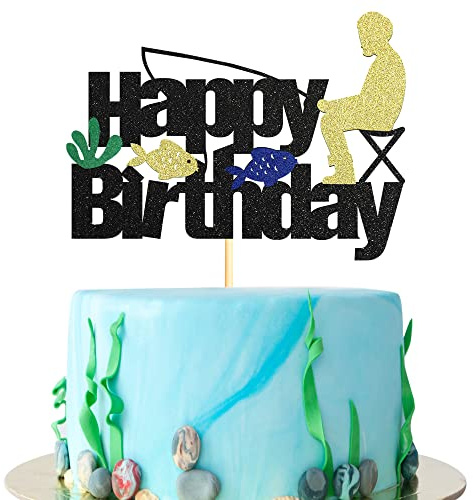 Sotpot Gone Fishing Birthday Cake Topper Glitter 1pack for Men Boy Baby Bobber Fish Little Fisherman Themed Birthday Party Decor Supplies