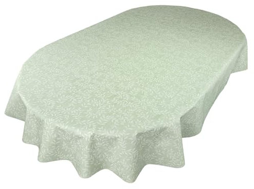 Karina Home Oval Willow Leaves Wipe Clean Tablecloth Vinyl PVC (Sage Green, 180 x 140cm)