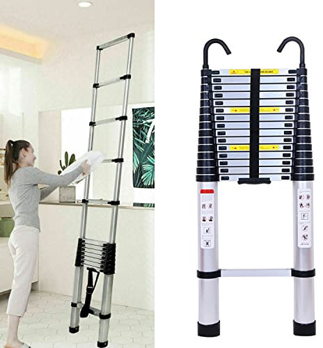 Teleskopleiter 3,2m mit 2 Haken, Aluminium Ausziehleiter Anlegeleiter Tragbare, Rutschfester Loftleiter Stehleiter, 150 kg Tragkraft, EN131, Schwarz