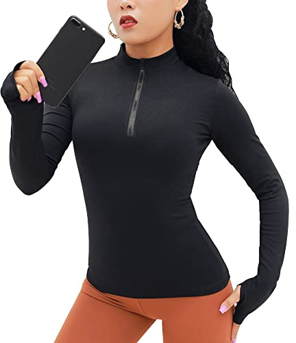 KOEMCY Maglia Manica Lunga Donna Sportiva Maglietta Yoga Palestra Top 1/4 Zip Running Shirt Sportivo Allenamento Camicie per i Pollici Fitness Maglietta da Corsa