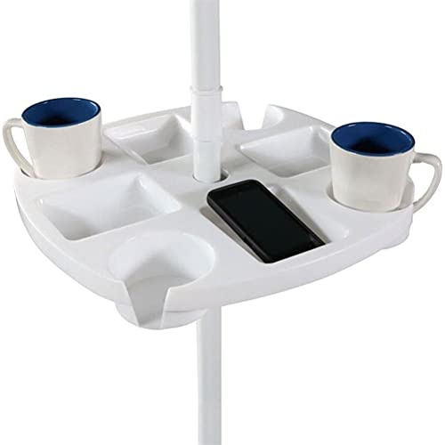 Qcwwy Sonnenschirm-Tisch für den Außenbereich, Rundes Sonnenschirm-Snack-Tablett aus Kunststoff mit 4 Getränkehaltern und 4 Snack-Fächern für den Strand-Patio-Garten-Swimmingpool