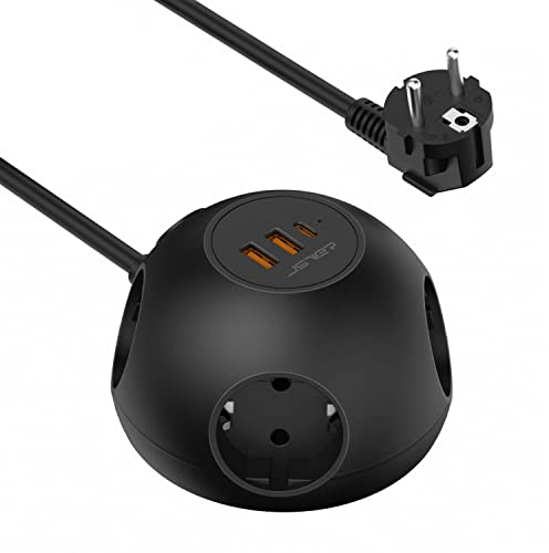 JSVER Regleta Enchufes 3680W/16A, 4 Tomas Corrientes y 3 Rápida USB (2 USB A 18W, 1 USB C PD 20W), Cable de extensión de 1,5m y Tapón de Seguridad - Negro