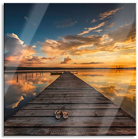 Pixxprint Glasbild, Wandbild auf Echtglas, Steg am See bei Sonnenuntergang, 80x80 cm, inkl. Aufhängung und Abstandshalter