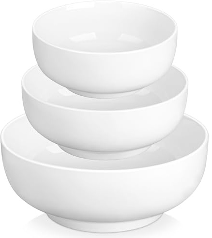 MALACASA Large Salad Bowls, Soup Bowl Set of 3, Porcelain Cereal Bowl, White Serving Bowls, Perfect for Noodles, Desserts and Breakfast, 1320ML / 1780ML / 3400ML, Microwave and Dishwasher Safe