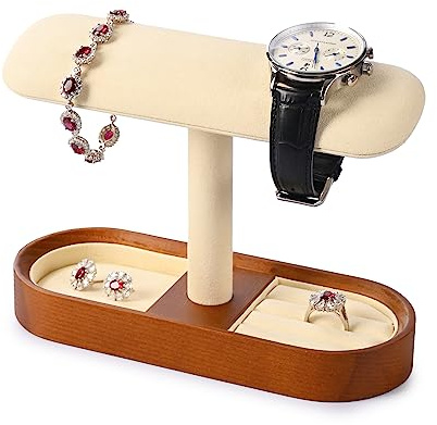 Oirlv Solid Wood Watch Stand T-bar Watch Holder Organizer for Men and Women Showcase Jewelry Display Stand Rings Earrings Necklace Storage(Creamy-whit)