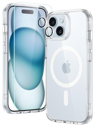 ESR für iPhone 15 Plus Hülle Set,Kompatibel mit MagSafe, 1 Displayschutzfolie aus gehärtetem Glas, 1 Satz Kamera Schutzfolien, Militärnorm Schutz, vergilbungs kratzfestes Case, Classic Serie, Klares