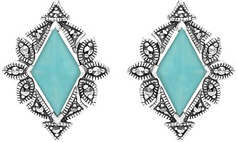 Esse Marcasite Sterling Silver Lozenge Turquoise & Marcasite Art Nouveau Stud Earrings