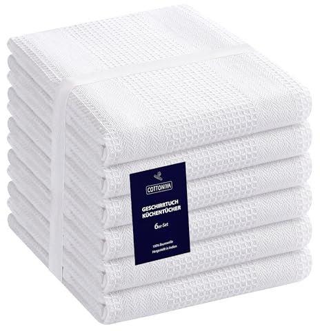 COTTONIVA 6er Set Geschirrtuch - Küchentücher 100% Baumwolle - für Restaurant, Bar, Glas - Saugfähige Maschinenwaschbar Küchentücher mit Aufhängeöse - 40x70 cm Weiß