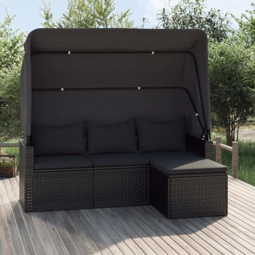 INLIFE 3-Sitzer-Gartensofa mit Dach und Fußhocker Schwarz Poly Rattan,29,14 KG,362334
