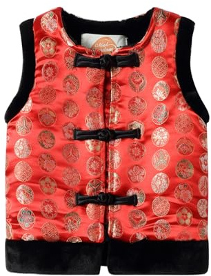 Mud Kingdom Fleece Lined Vest Little Boys Girls New Year Chinese Traditional Clothes Frog Button Red Round Floral Patterns Size 6-7