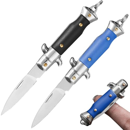 Leikurvo Mini coltello pieghevole, 2 coltelli tascabili, portachiavi per auto, con foro per cordino, coltello per sopravvivenza, regalo per uomini e donne, all'aperto, campeggio, emergenze (blu + nero