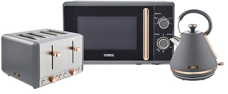 Tower Cavaletto Kitchen Set, 1.7L Rapid Boil Kettle & 4 Slice Toaster & 20L Manual Microwave, Grey and Rose Gold, T10044RGG, T20051RGG, T24038RGG