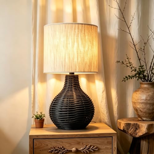 JCPYIUL Retro Rattan Tischlampe, Dekorative Nature Tischleuchte mit E14 Fassung, Beiger Lampenschirm aus Leinen, Lampe für Wohnzimmer Kinderzimmer Schalfzimmer Deko