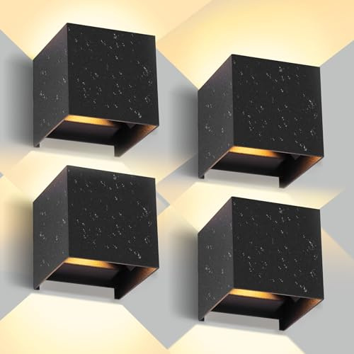 SILAMPDI Aplique pared Exterior 12W 3000K LED Lampara Exterior IP65 Impermeable Lampara Exterior Pared, Negro Ángulo ajustable Interior Lámpara Pared para Patio, Dormitorio, Jardín, 4 piezas