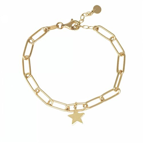 WANDA PLATA -Pulsera Mujer Plata de Ley Estrella, Plata de Ley 925 Chapada Oro, Ajustable 16-19 cm, Cadena Paperclip, en Caja de Regalo