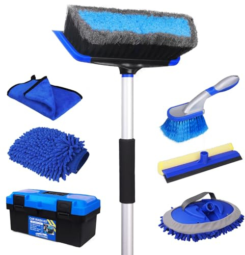 NIKCOSMK 62'' Car Wash Brush with Long Handle, Car Wash Kit with Tire Brush, Tower, Window Squeegee, Chenille Microfiber Car Wash Mop Mitt, Car Cleaning Brush Kit Supplies for Car, Truck, SUV, RV