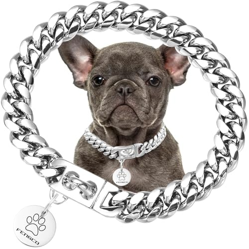 Collar de cadena de plata para perro con placa de perro colgante cubano, collar de cadena de metal de acero inoxidable para mascotas, collares cubanos para perros (26 pulgadas)