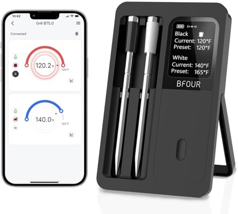 BFOUR Fleischthermometer Kabelloses mit 2 Sonden,Bluetooth Grillthermometer mit Smart Base, LCD-Display, APP-Steuerung, Bratenthermometer digital für Ofen, Grill,Räucherofen,Upgrade Ver.