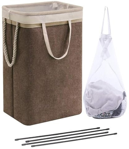 WNGJZZYC Großer Wäschekorb mit Stützstangen und Seilgriffen, 75 l/92 l Faltbarer Wäschesammler, Wäschekorbe aus Baumwolle und Leinen, für Schlafzimmer/Badezimmer(Brown,55x30x40cm/22x12x16in)