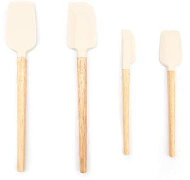LWLWA Spatule de Cuisine en Silicone avec Poignées Bois Hêtre - Set de 4 Pièces Antiadhésives, 4 Tailles pour Cuisiner, Remuer, Tartiner Confiture