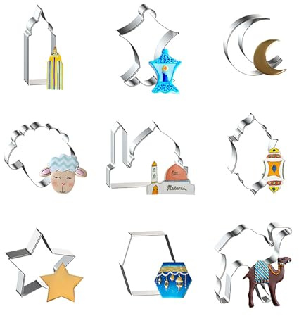 WDYJMALL Eid Mubarak Ramadan Islamic Muslim Cookie Cutters 9-Pc Set - Mosque Lantern Crescent Moon Sheep Lamb Church Star Camel - A