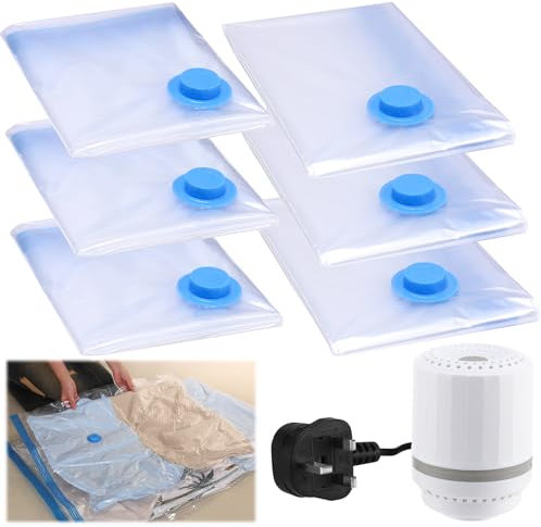 saerryor Vacuum Storage Bags for Clothes Duvets,6 Pack Travel Vacuum Bags Vacuum Compression Zipper Storage Bags Vacuum Pack Bags for Pillows Bedding Quilts Sweater(3 Large+3 Medium+Pump)