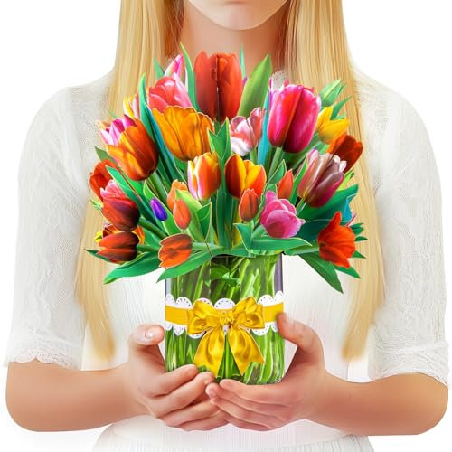 GREETING ART Pop Up Flower Cards, Tulips Paper Flower Bouquet Greeting Cards with Blank Note Cards & Envelope for Birthday, Mother's Day, Anniversary, Valentines Day, Thank You, Get Well