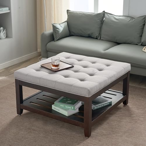 adochr 33'' Large Square Ottoman Coffee Table with Storage, Upholstered Button Tufted Footrest Ottoman with Solid Wooden Tray,Coffee Table for Living Room, Light Grey