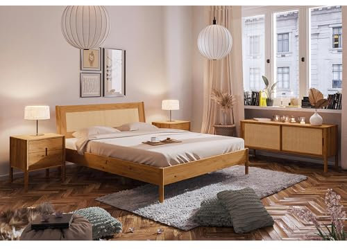 Lomadox Schlafzimmer Set Schlafzimmermöbel Eiche massiv geölt mit Rattangeflecht 4-teilig, 1 Bettgestell 180x200 mit Rattankopfteil, 2 Nachttische, 1 Lowboard