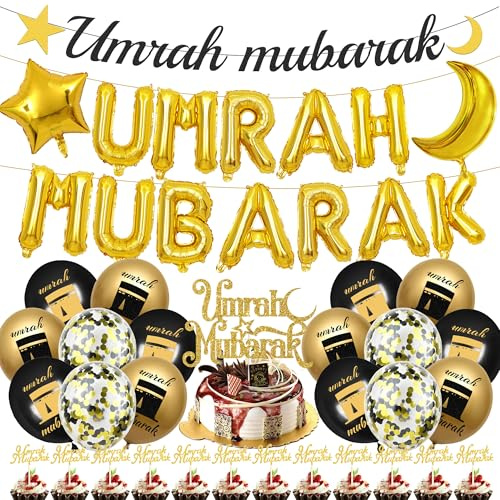 Umrah Mubarak Decoration Gold Banner - 33 Pcs Eid Decorations Including UMRAH MUBARAK Letter Star Moon Foil Balloons Cake Cupcake Toppers Black And Gold Latex Balloon For Ramadan Party Supplies