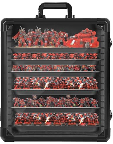 OUUTMEE Miniatures Carry Case with Aluminium Alloy Frame, Miniatures Transport Case with 6 Metal Trays, Lockable Storage Box for Collectibles (Large)