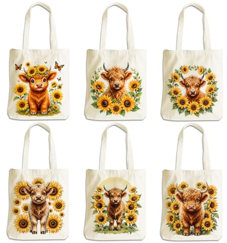 6 Pcs Inspirational Cute Sunflower Sunshine Butterfly Cow Gifts for Women Girls Sister Bestie Canvas Tote Bag Travel Bag with Inner Pocket Reusable Grocery Bags for Shopping Birthday Christmas